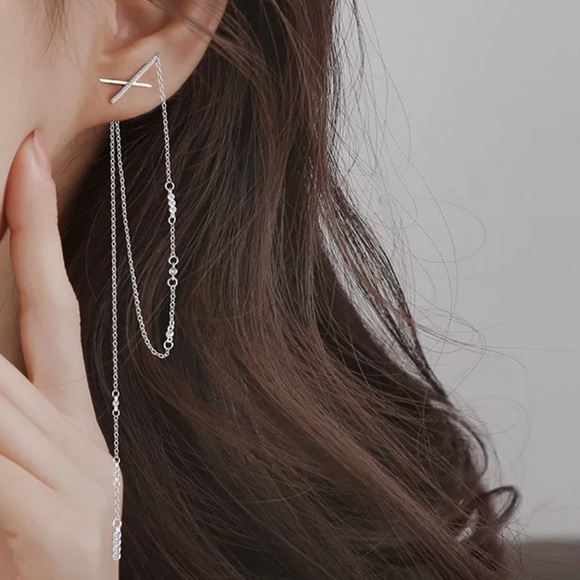 🤍Insta Cross Long tassel sterling silver earrings - Picture 3 of 4